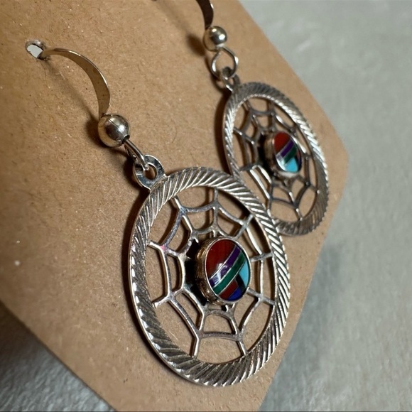 Native Artisan Sterling Silver Spider Web Earrings - Picture 5 of 10